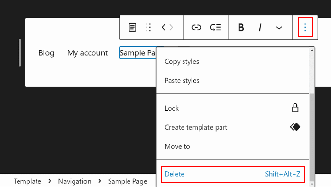 Deleting a block from the navigation menu in WordPress Full Site Editing