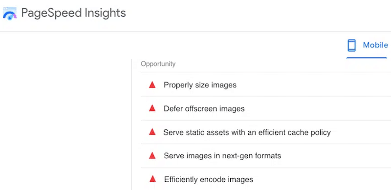 Problemas relacionados a imagens do PageSpeed ​​​​Insights - Fonte: PageSpeed ​​​​Insight