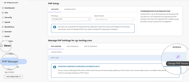 Alterando a versão do PHP manualmente – Fonte: SiteGround