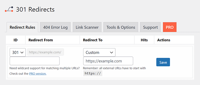 Adding redirect using 301 Redirects