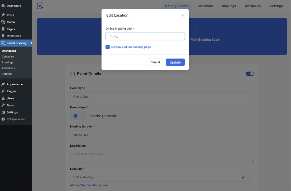 Paramètres de réunion en ligne FluentBooking