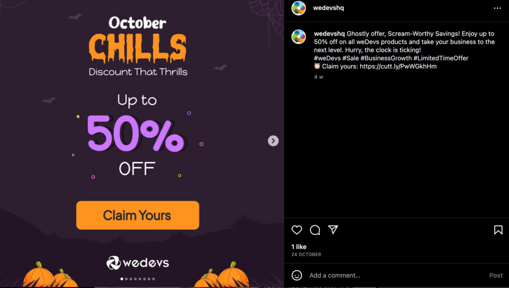 Acesta este un exemplu de oferte de Halloween de la wedevs pe instagram