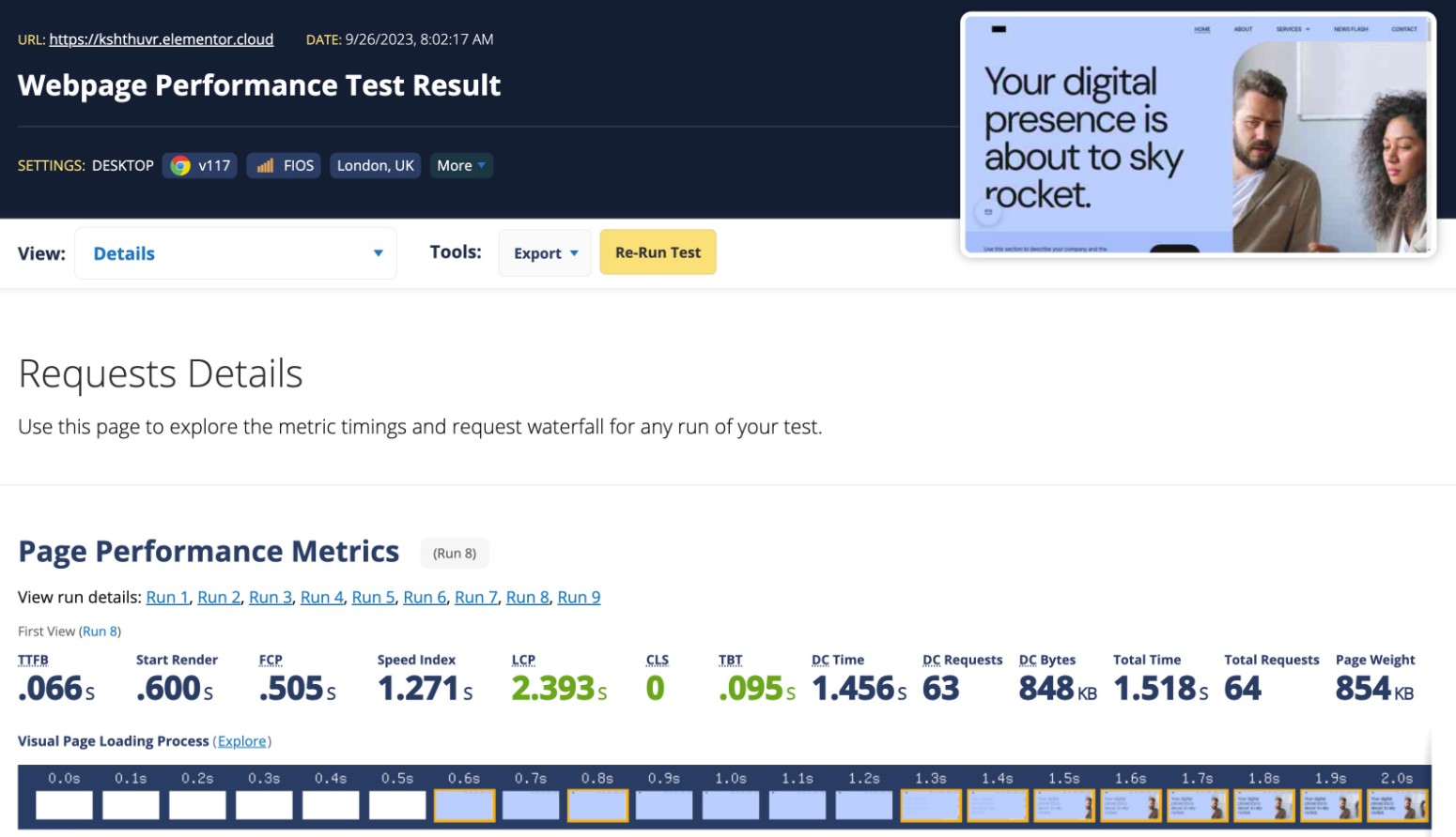 Ergebnisse zur Elementor-Hosting-Leistung in WebPageTest