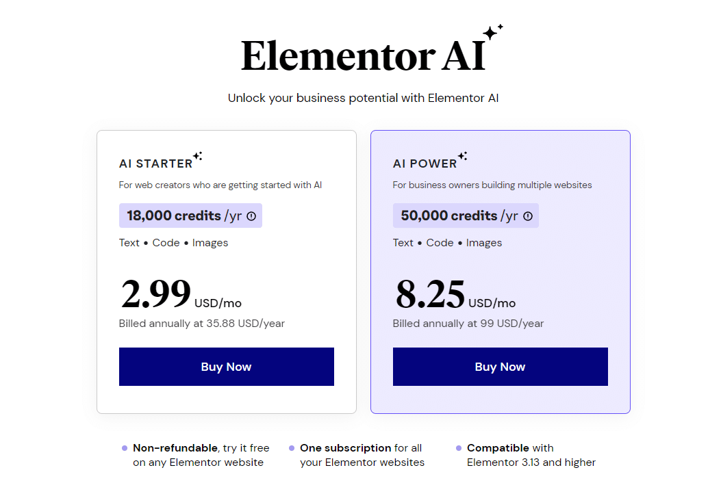 Opsi harga Elementor AI – Sumber: Elementor AI