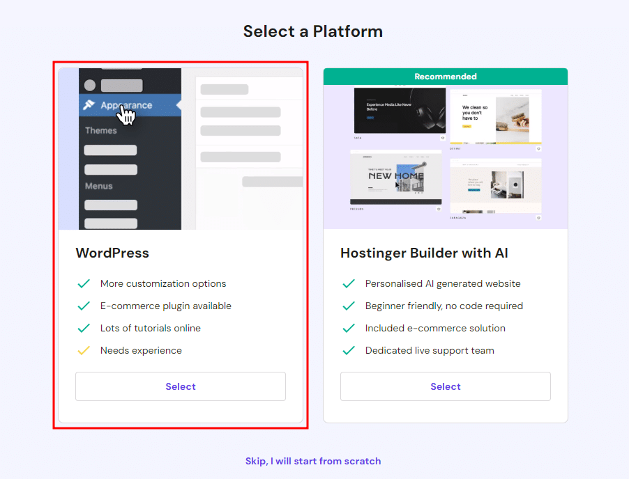 Pemilihan Platform Hostinger – Sumber: Tangkapan layar sendiri