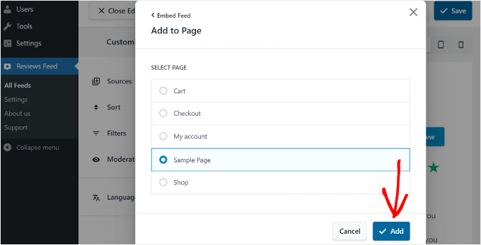 Selecting a page to add review feed to using the Reviews Feed Pro plugin