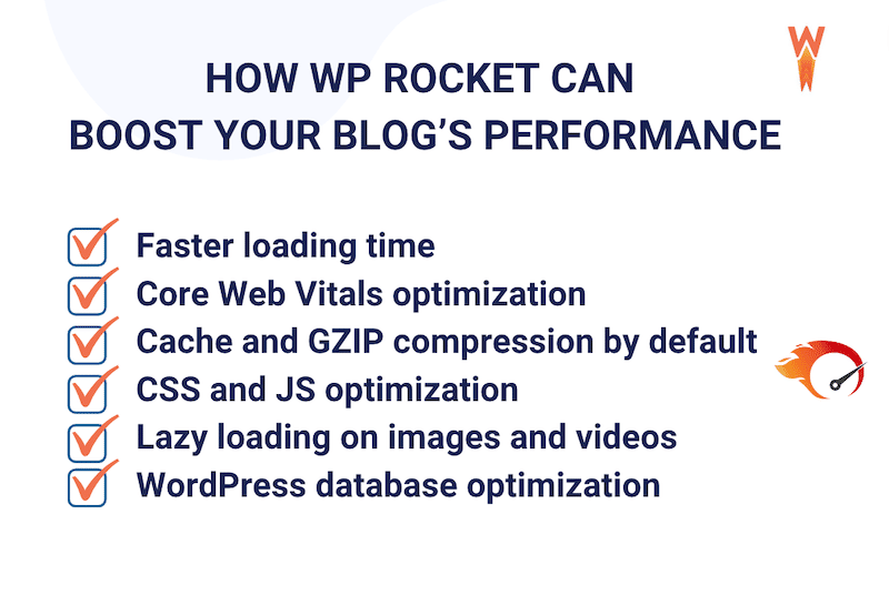 WP Rocket を一言で言うと: ブログのパフォーマンスを向上させる - 出典: WP Rocket