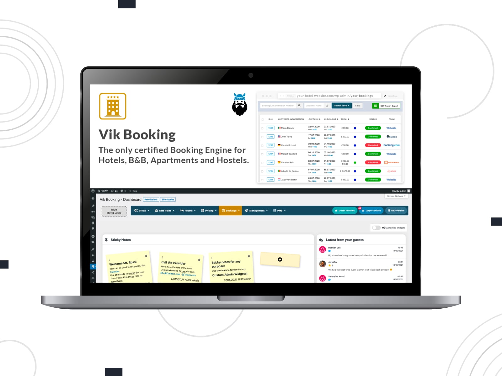 VikBooking 房間預訂外掛程式 WordPress 儀表板在桌面螢幕上的拼貼。