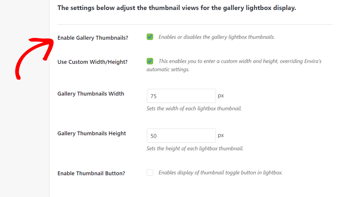 Edit lightbox thumbnail settings