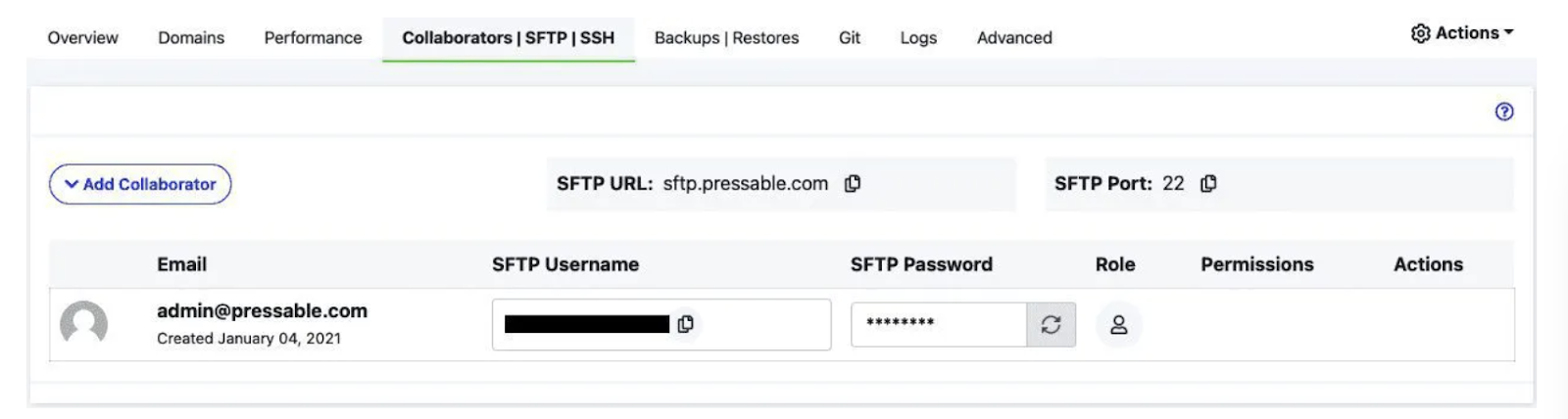 Pressable ホスティング環境での SFTP 詳細の検索