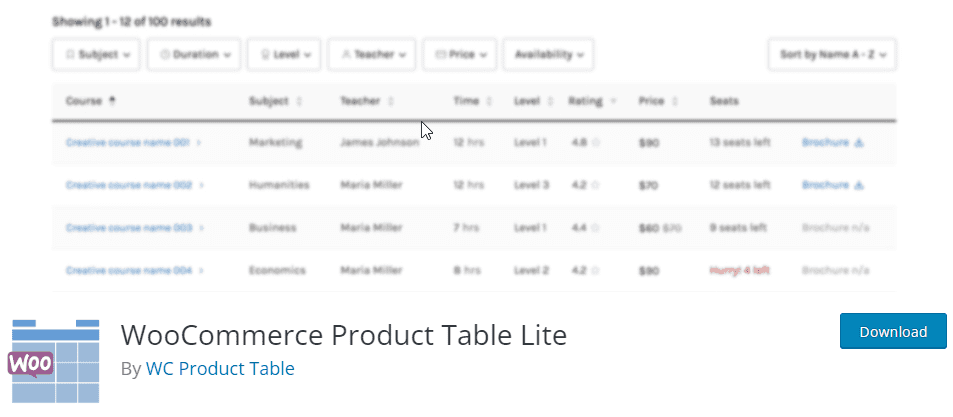 WooCommerce Product Table Lite プラグイン