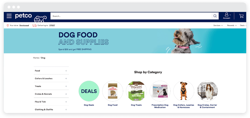 Petco Web サイトのスクリーンショット