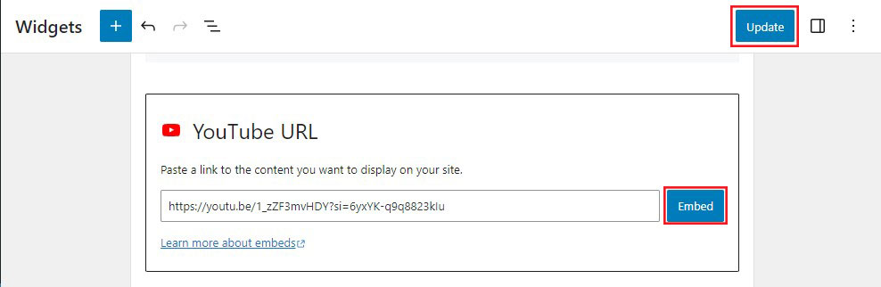 「埋め込みビデオ URL」を入力して「更新」をクリックします