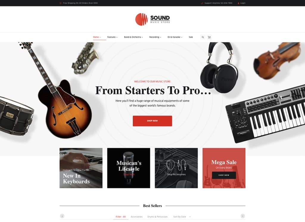 เสียง - ธีม WordPress ร้านค้าออนไลน์ของเครื่องดนตรี