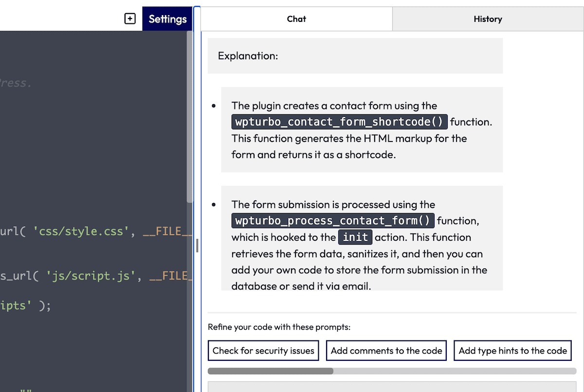 WPTurbo 聊天視窗顯示了對其產生的程式碼的解釋。
