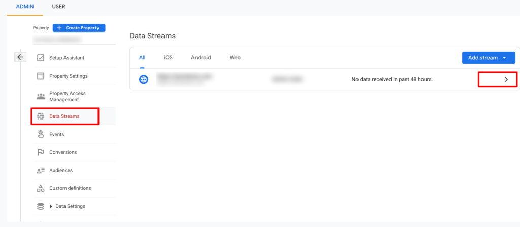 Esta imagem mostra a lista de streams em uma conta do Google Analytics