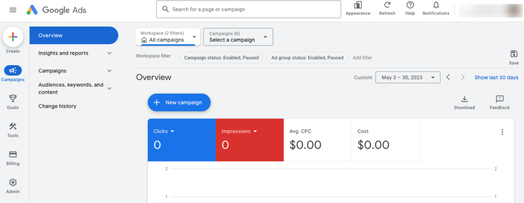 Esta é uma captura de tela da conta do Google Adwords