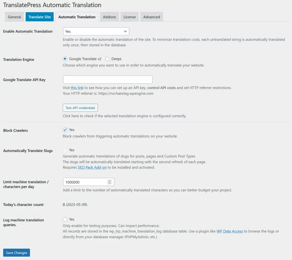 configuración de traducción automática de Translatepress