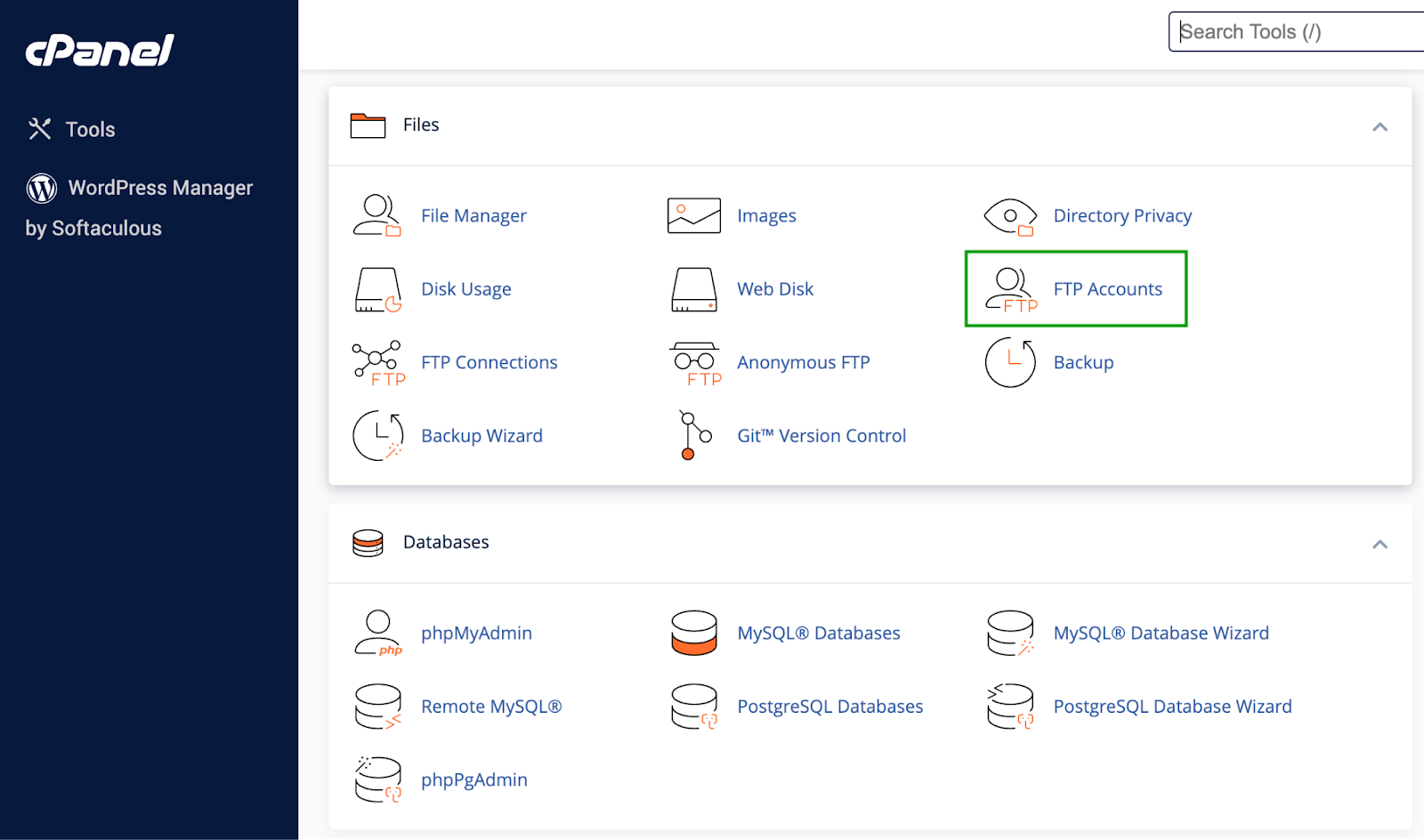 Depois de fazer login em sua conta de hospedagem, localize seu painel de controle e pesquise FTP ou SFTP.