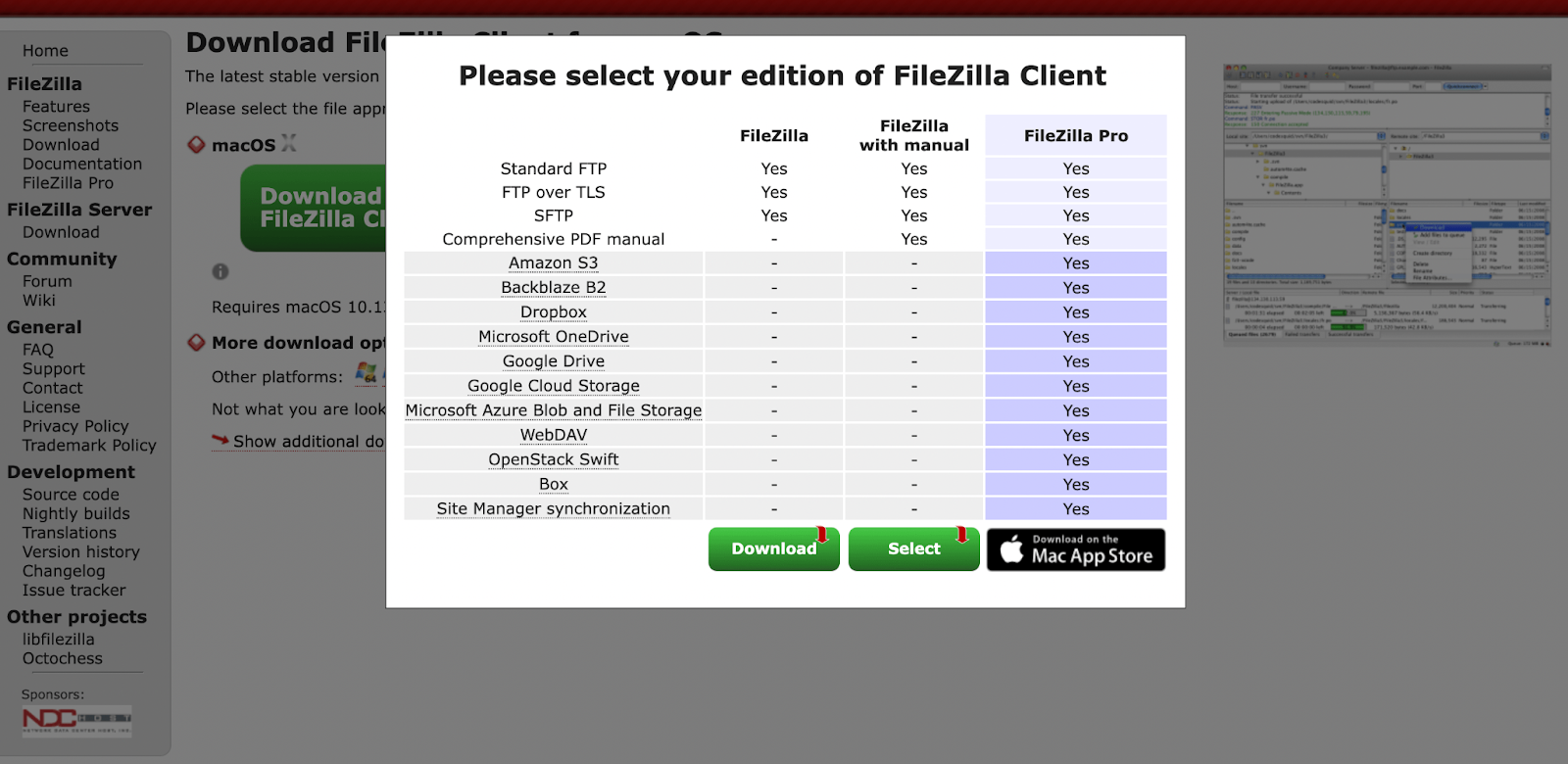 Depois de escolher seu sistema operacional, você deverá ver o seguinte pop-up. Basta escolher a opção padrão do FileZilla à esquerda.