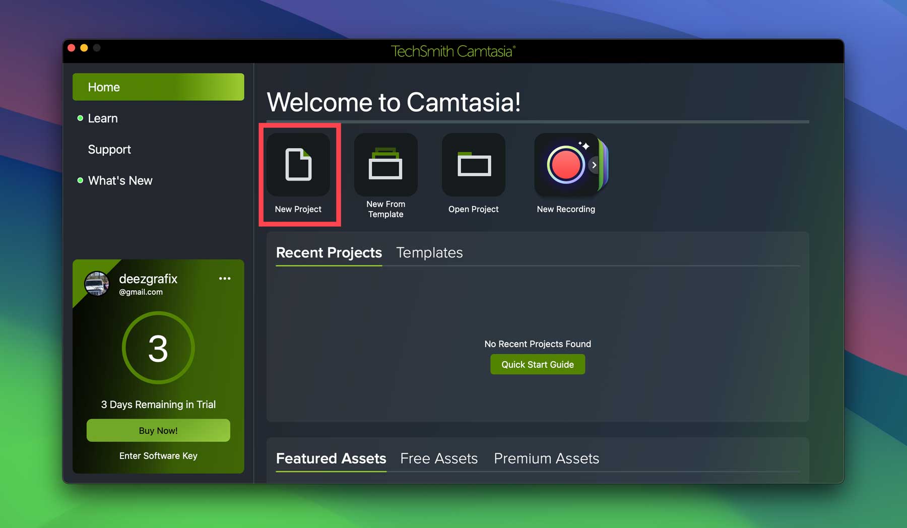 新しい Camtasia プロジェクトを作成する