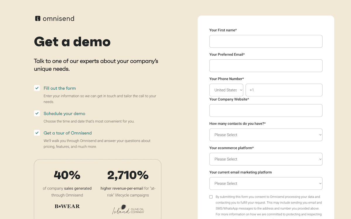 Ecranul Omnisend Demo Request.