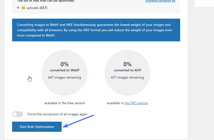 Klicken Sie auf die Schaltfläche „Massenoptimierung starten“.