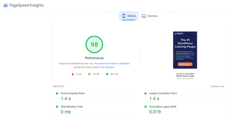 คะแนนประสิทธิภาพและ Core Web Vitals - ที่มา: PageSpeed ​​Insights