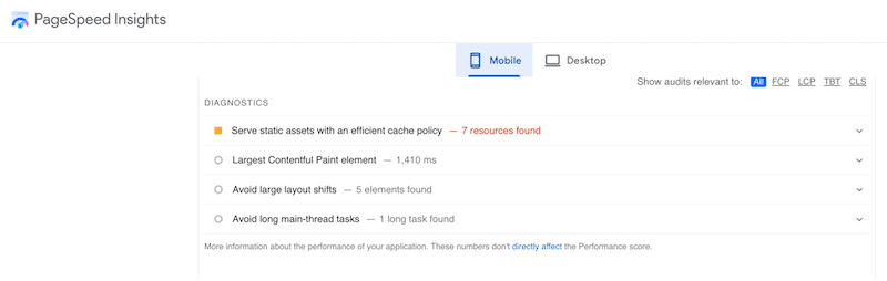 รายการการปรับปรุงที่จำเป็นเพื่อเพิ่มประสิทธิภาพ - ที่มา: PageSpeed ​​Insights