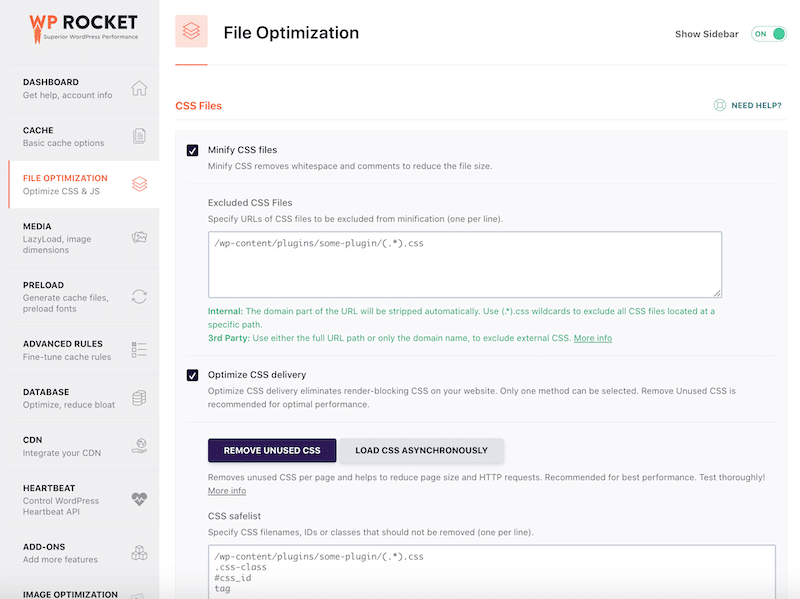 Оптимизация CSS прямо из панели управления WordPress — Источник: WP Rocket