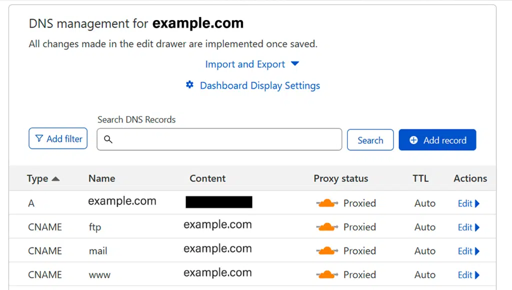 Cloudflare Dashboard showing A records