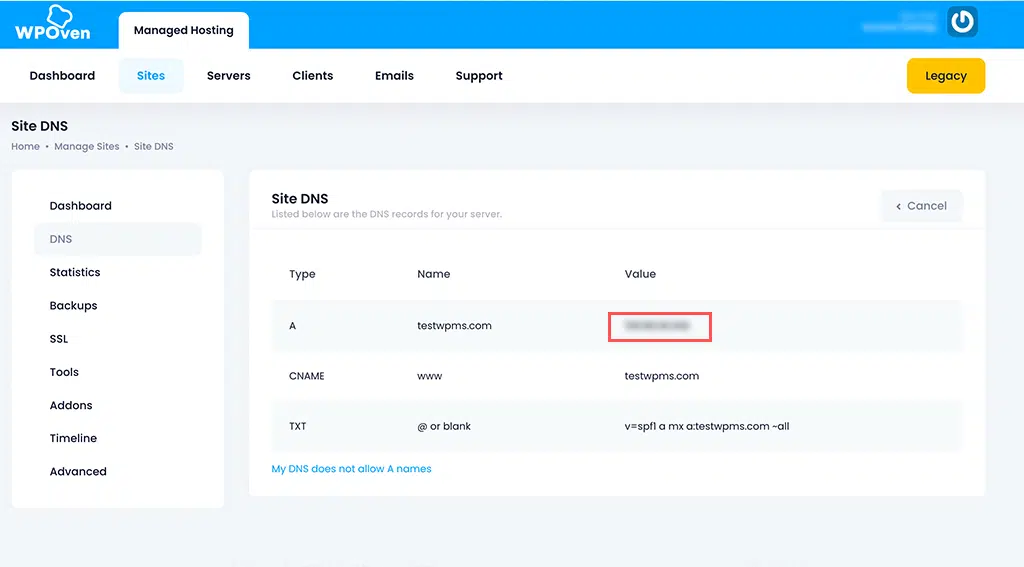 WPOven's dashboard showing DNS A records