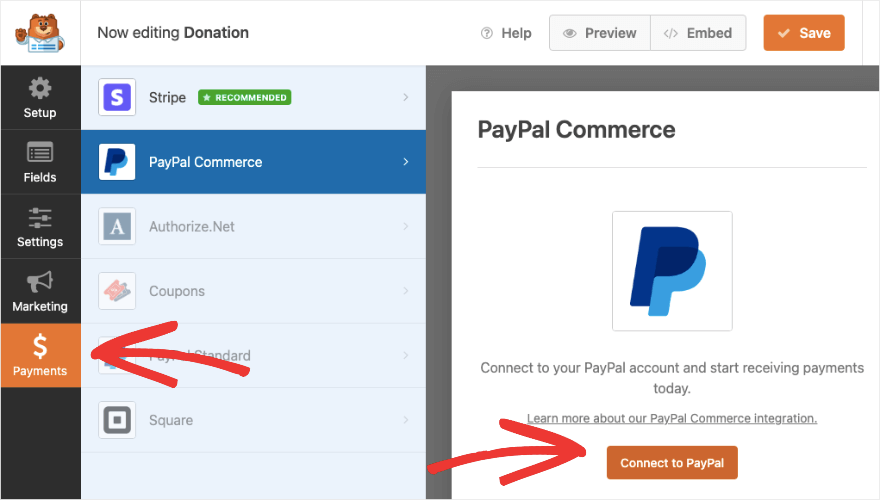 Registerkarte „Zahlungen“ in WPForms