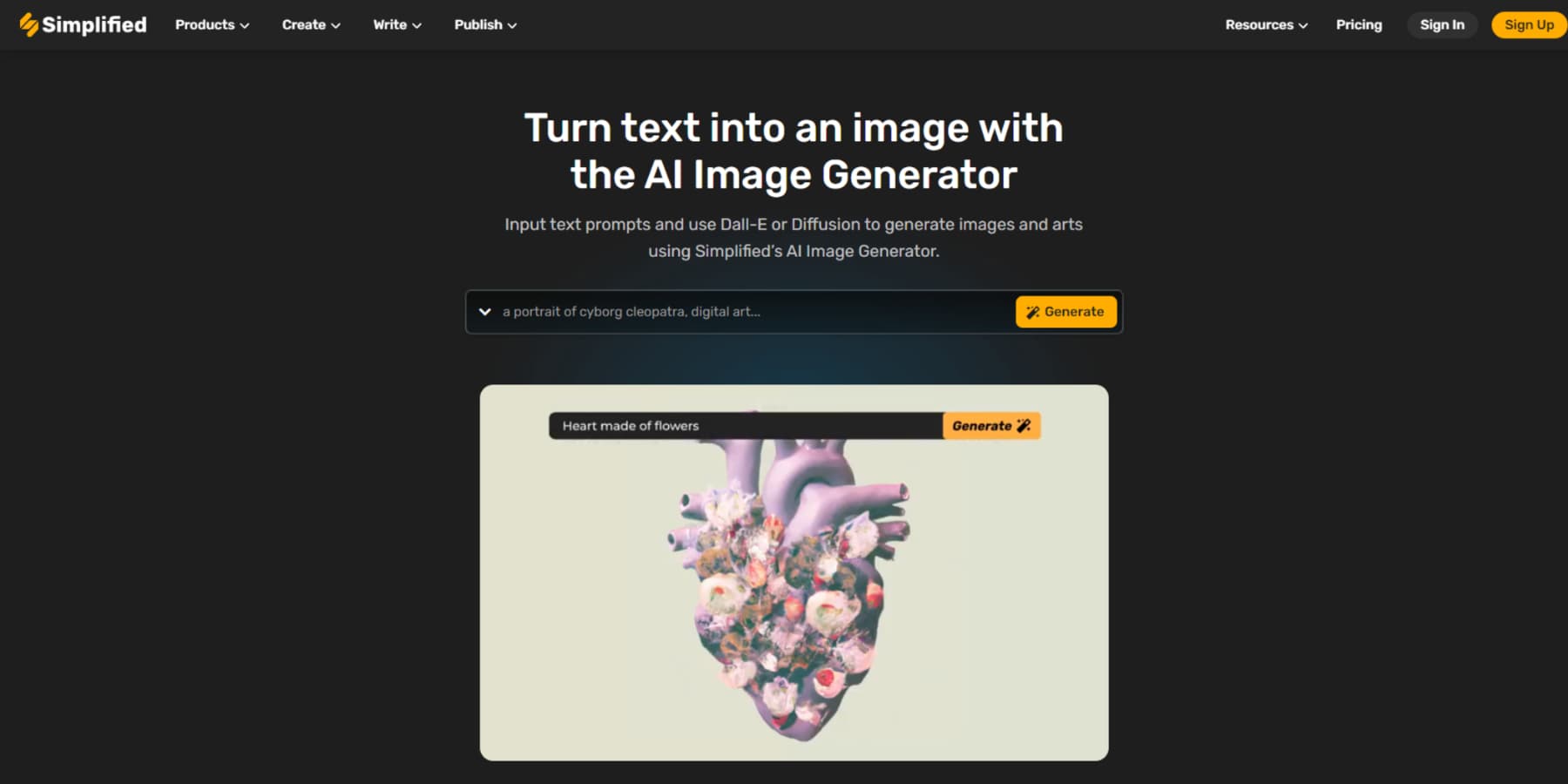 ภาพหน้าจอของแลนดิ้งเพจ AI Image Generator ของตัวย่อ