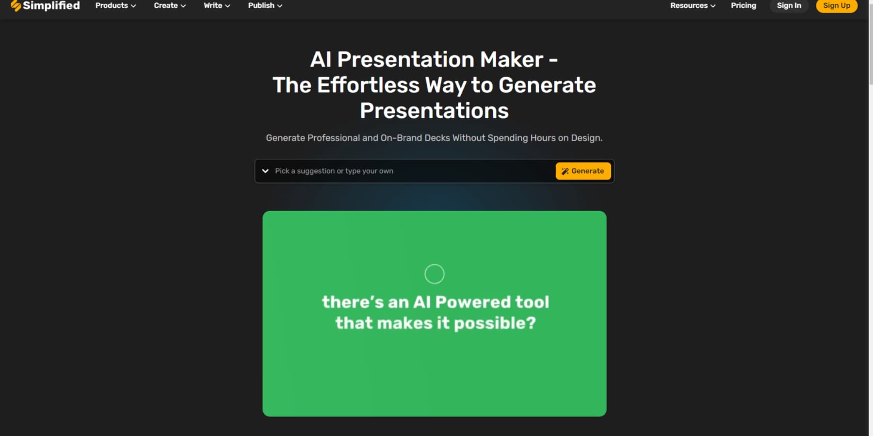 สกรีนช็อตของหน้า Landing Page ของ AI Presentation Maker แบบง่าย