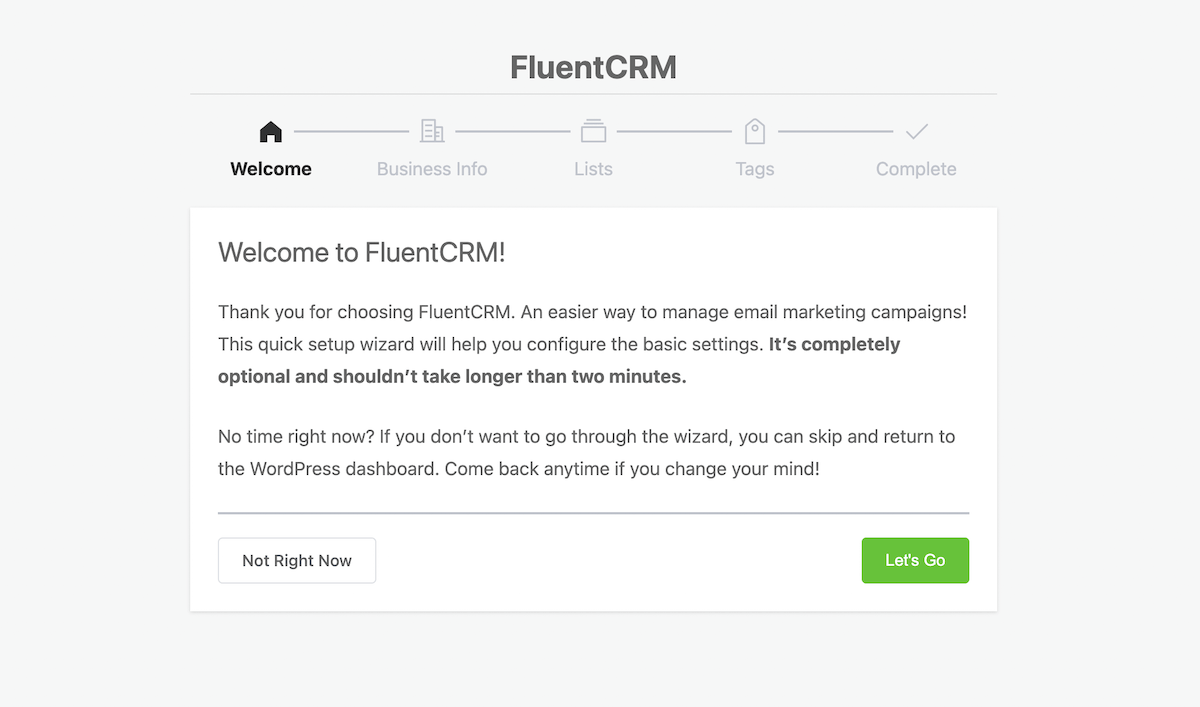 Asistente de configuración de FluentCRM