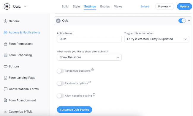 Configuración de puntuación del cuestionario de WordPress