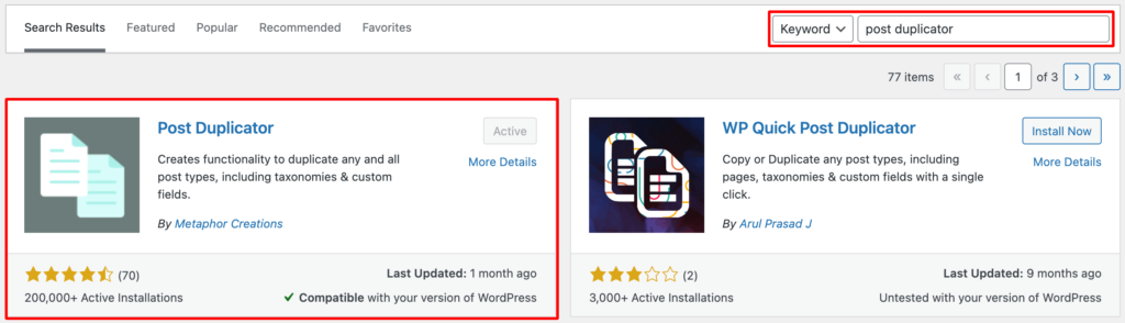 WordPress サイトで Post Duplicator をアクティブにするスクリーンショット