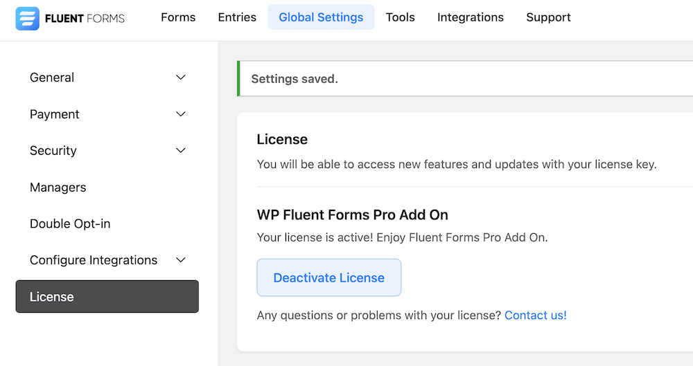 การเพิ่มและบันทึกคีย์ลิขสิทธิ์ปลั๊กอินพรีเมียมภายในตัวเลือกของ Fluent Forms