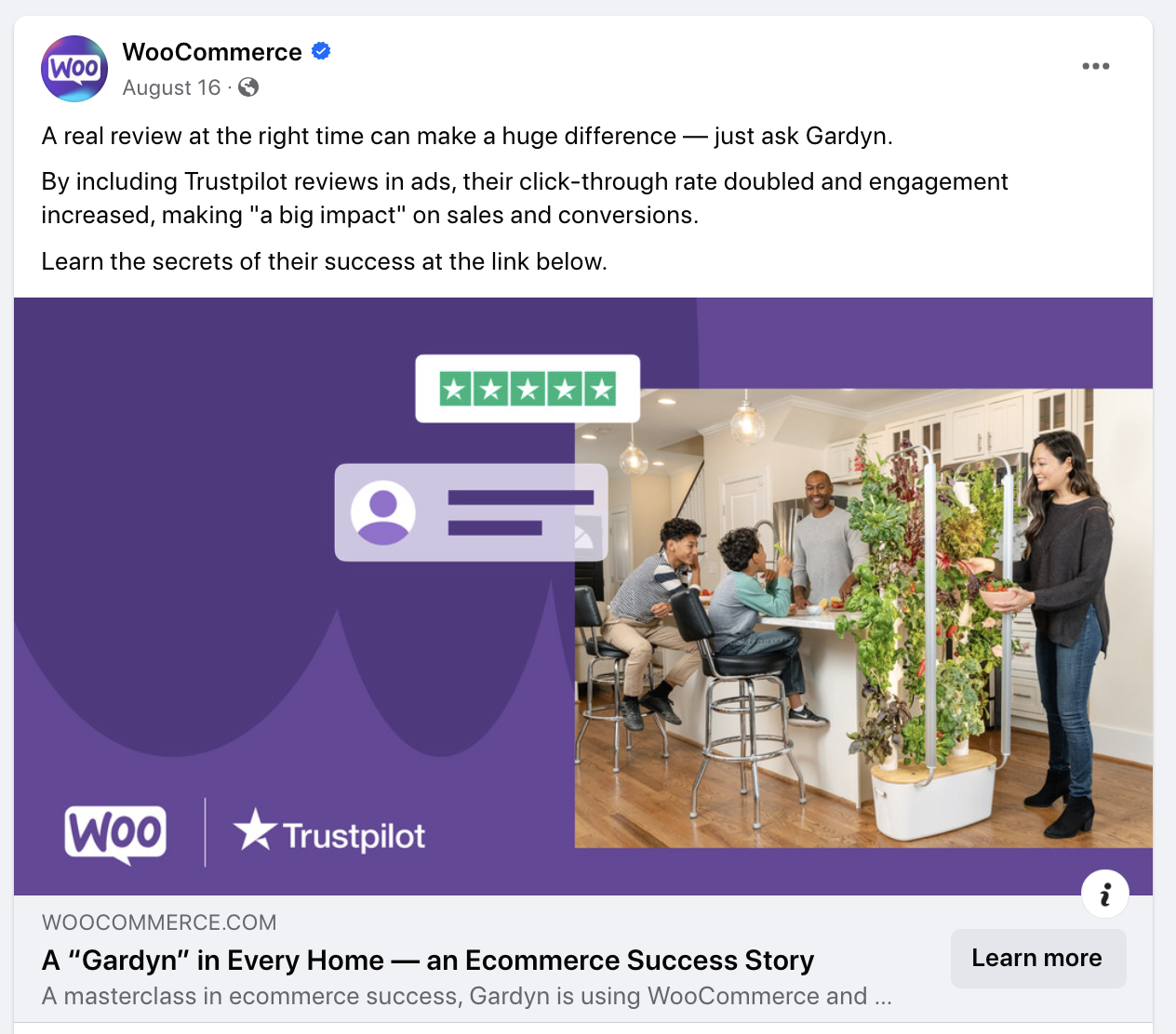 publication sur les réseaux sociaux de WooCommerce partageant une histoire client