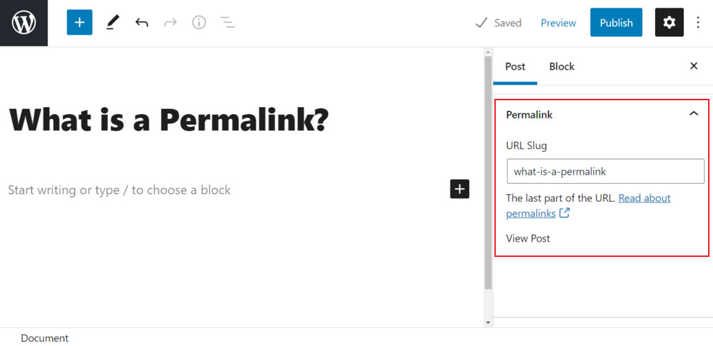 Permalink nell'editor Gutenberg di WordPress