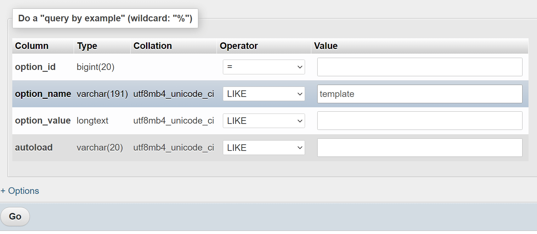 Ricerca di una voce in una tabella di database.