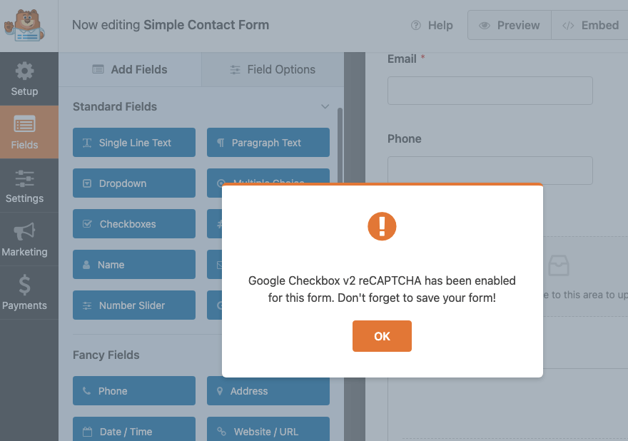 Recaptcha abilitato in WPForms