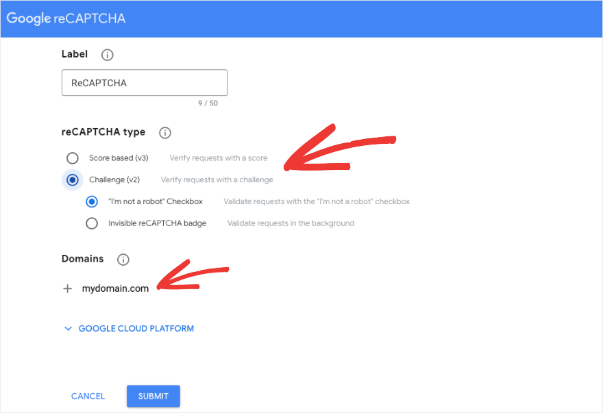 Google Recaptcha türünü seçin