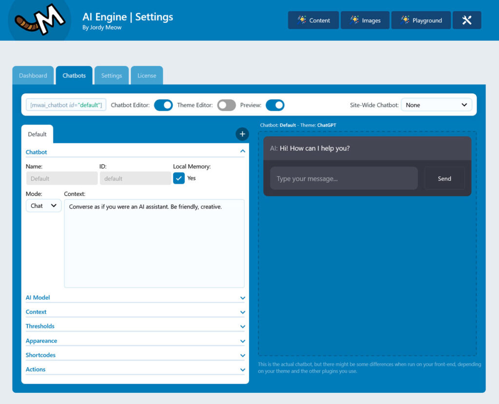 configuración del chatbot del motor de IA