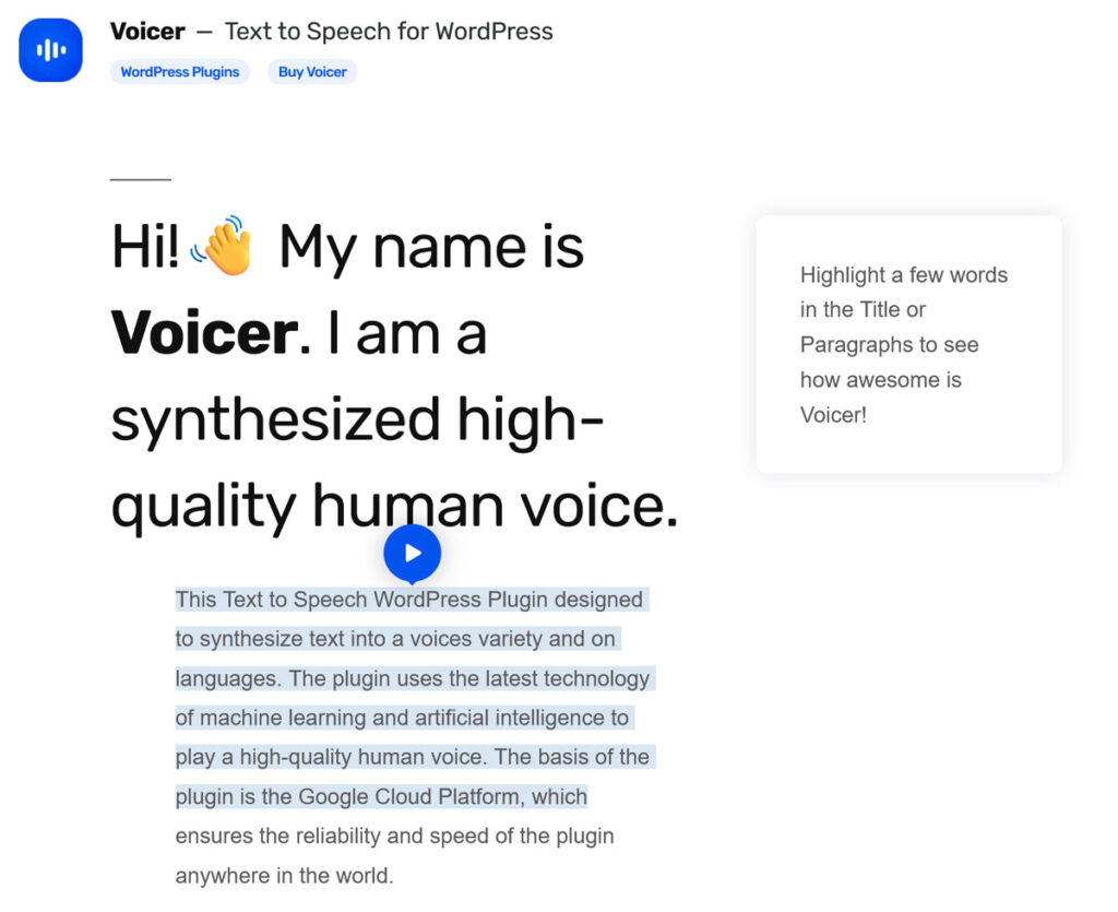 plugin wordpress de texto para fala voicer ai