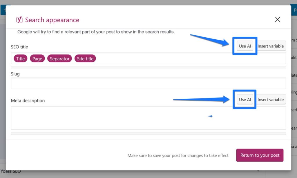 สร้างชื่อ seo และคำอธิบายใน yoast seo โดยใช้ ai