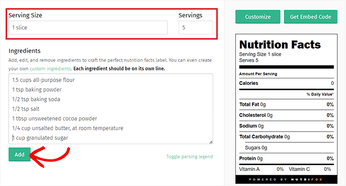 Fügen Sie die Zutaten in Nutrifox hinzu