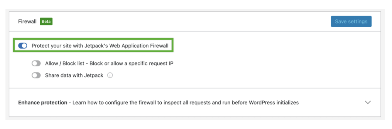 setări pentru activarea caracteristicilor firewall-ului aplicației web Jetpack