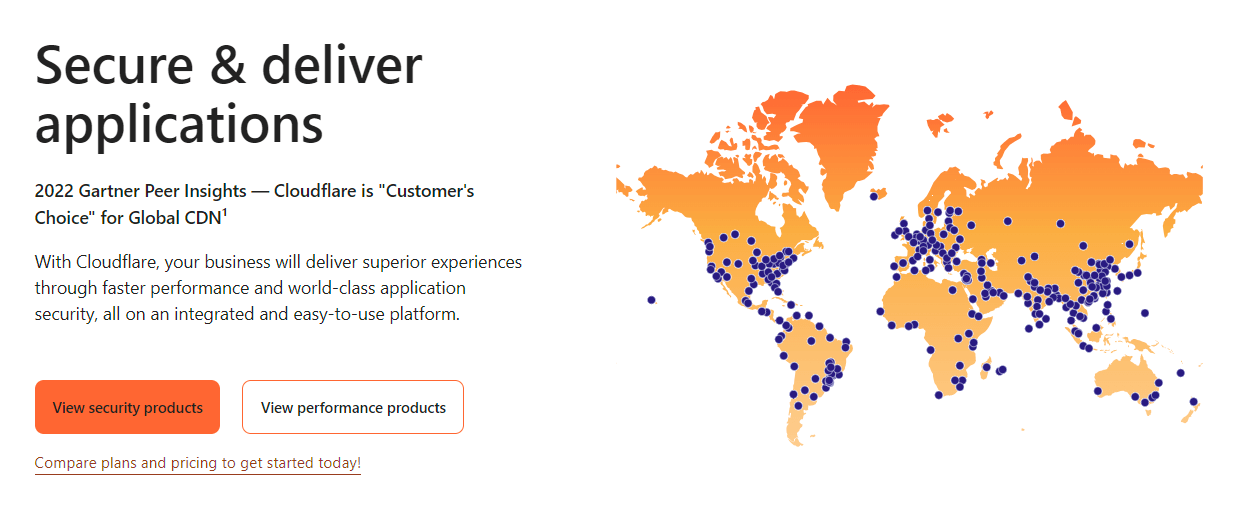 Cloudflare-Homepage mit einer Karte, die den Standort ihrer Server zeigt